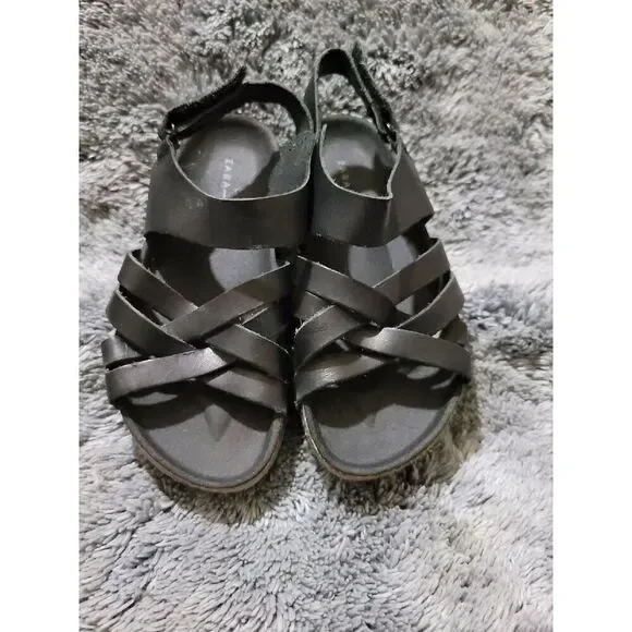 Zara Black Leather Sandals size 24 - Picture 1 of 6